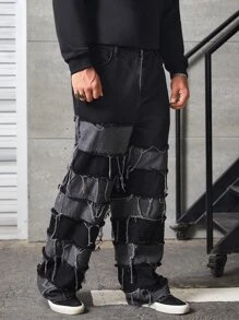 Manfinity RebelGame Men Plus Cotton Two Tone Raw Trim Straight Leg Jeans - Black - View 3