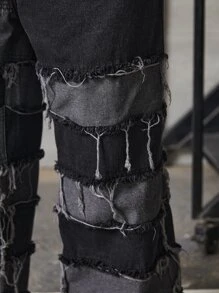 Manfinity RebelGame Men Plus Cotton Two Tone Raw Trim Straight Leg Jeans - Black - View 4