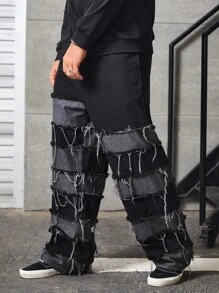 Manfinity RebelGame Men Plus Cotton Two Tone Raw Trim Straight Leg Jeans - Black - View 5