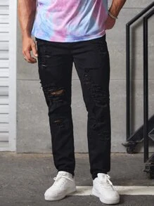 Manfinity VCAY Men Plus Cotton Ripped Skinny Jeans - Black - View 2