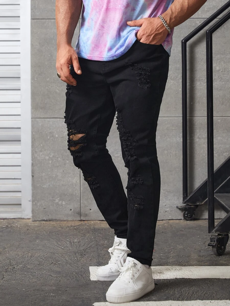 Manfinity VCAY Men Plus Cotton Ripped Skinny Jeans - Black - View 1