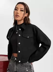 Eduely Artist Letter & Skull Print Drop Shoulder Flap Detail Jacket - Black - View 2