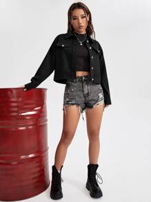 Eduely Artist Letter & Skull Print Drop Shoulder Flap Detail Jacket - Black - View 5