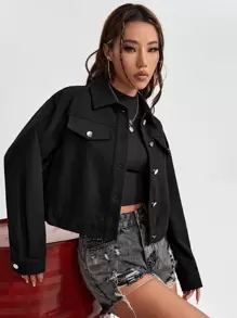 Eduely Artist Letter & Skull Print Drop Shoulder Flap Detail Jacket - Black - View 6