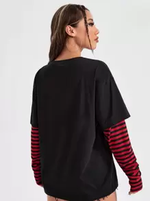 Besteefakinhouwer 2 In 1 Striped Sleeve Letter Skull Graphic Tee - Black - View 2