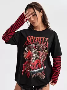 Besteefakinhouwer 2 In 1 Striped Sleeve Letter Skull Graphic Tee - Black - View 5