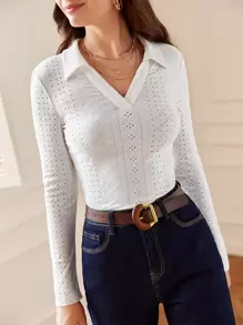 SHEIN Frenchy 素色麻花編織T恤 - 白色 - 查看 1