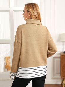 SHEIN Maternidad Pullover de rayas de cuello tortuga de hombros caídos - Caqui - Ver 2