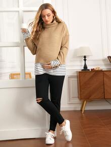 SHEIN Maternidad Pullover de rayas de cuello tortuga de hombros caídos - Caqui - Ver 3