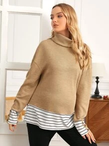 SHEIN Maternidad Pullover de rayas de cuello tortuga de hombros caídos - Caqui - Ver 4