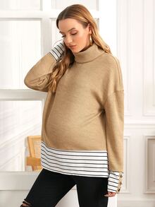 SHEIN Maternidad Pullover de rayas de cuello tortuga de hombros caídos - Caqui - Ver 5