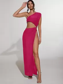 SHEIN BAE 鏤空單肩高開叉連衣裙 - 玫紅色 - 查看 4