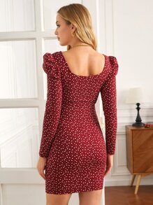 SHEIN Maternity Heart Print Ruffle Trim Bodycon Dress - Burgundy - View 2