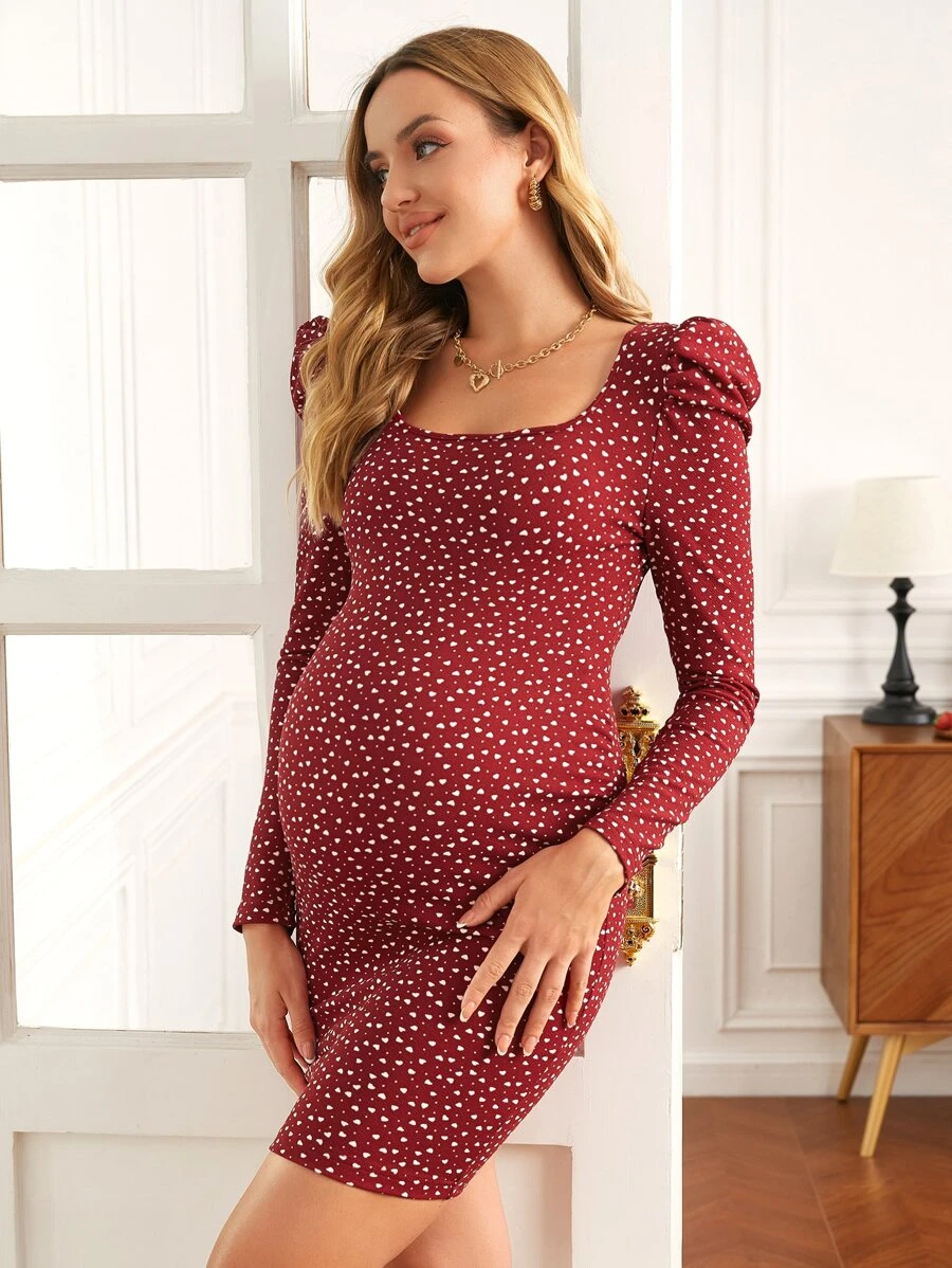 SHEIN Maternity Heart Print Ruffle Trim Bodycon Dress - Burgundy - View 1