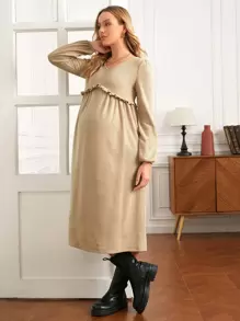 SHEIN Maternity Frill Trim Solid Dress - Khaki - View 4