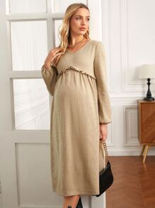 SHEIN Maternity Frill Trim Solid Dress - Khaki - View 5