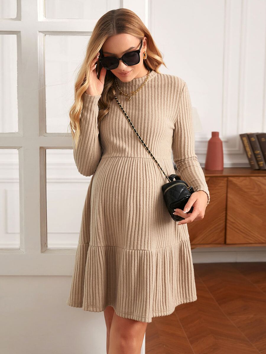 SHEIN 孕婦荷葉邊羅紋針織洋裝 - 杏色 - 查看 1