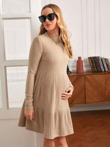 SHEIN 孕婦荷葉邊羅紋針織洋裝 - 杏色 - 查看 3