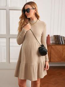 SHEIN 孕婦荷葉邊羅紋針織洋裝 - 杏色 - 查看 4