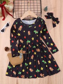 小女童聖誕圖案洋裝和頭巾