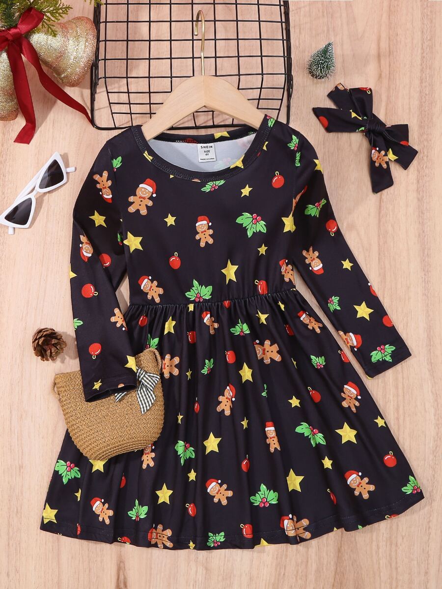 小女童聖誕圖案洋裝和頭巾
