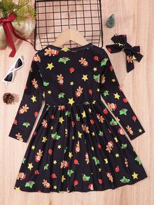 小女童聖誕圖案洋裝和頭巾