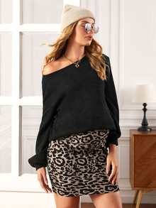 SHEIN Maternity Lantern Sleeve Pullover & Leopard Skirt Set - Multicolor - View 4