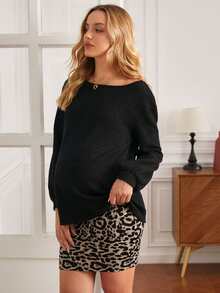 SHEIN Maternity Lantern Sleeve Pullover & Leopard Skirt Set - Multicolor - View 6