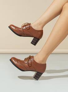翼尖細節前綁帶粗跟牛津高跟鞋 - 鏽棕色 - 查看 3