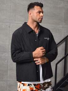 Manfinity Áo khoác Nam Túi Nút phía trước Lễ Các Thánh Slogan Giải trí - màu đen - Xem 4