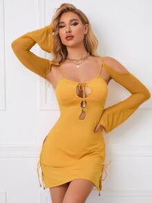 PARTHEA Cold Shoulder Cutout Tie Front Bodycon Dress - Yellow - View 3