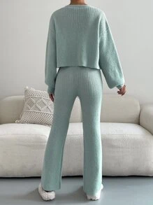 SHEIN Unity Single Breasted Drop Shoulder Cardigan & Tie Front Knit Pants - Mint Green - View 2