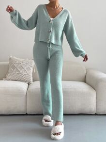 SHEIN Unity Single Breasted Drop Shoulder Cardigan & Tie Front Knit Pants - Mint Green - View 4