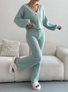 SHEIN Unity Single Breasted Drop Shoulder Cardigan & Tie Front Knit Pants - Mint Green - View 5