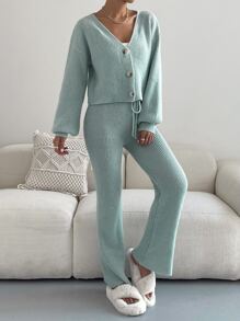 SHEIN Unity Single Breasted Drop Shoulder Cardigan & Tie Front Knit Pants - Mint Green - View 6