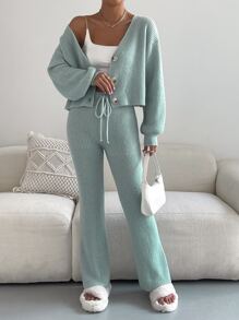 SHEIN Unity Single Breasted Drop Shoulder Cardigan & Tie Front Knit Pants - Mint Green - View 8