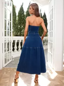 Vestido mezclilla tubo con botón delantero - Azul lavado oscuro - Ver 2