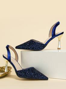 Women's Pointed Toe Glitter Sequined Slip-On Formal High Heel Dress Shoes - Navy Blue - View 1