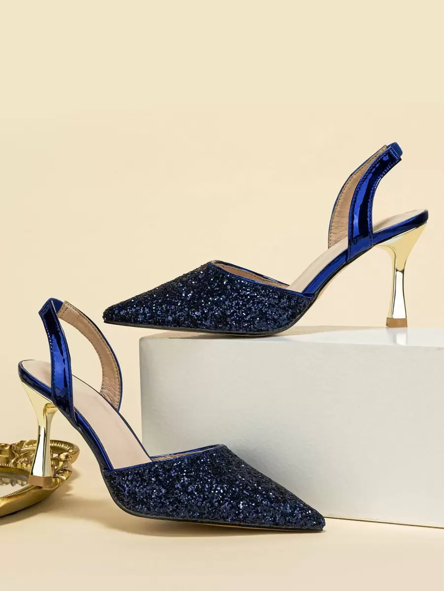 Women's Pointed Toe Glitter Sequined Slip-On Formal High Heel Dress Shoes - Navy Blue - View 1