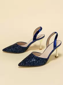 Women's Pointed Toe Glitter Sequined Slip-On Formal High Heel Dress Shoes - Navy Blue - View 3