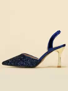 Women's Pointed Toe Glitter Sequined Slip-On Formal High Heel Dress Shoes - Navy Blue - View 7