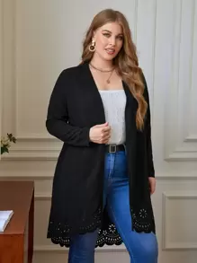 SHEIN Essnce Plus Laser Cut Out Scallop Trim Coat Winter Fall Autumn - Black - View 1