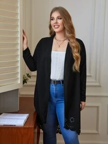 SHEIN Essnce Plus Laser Cut Out Scallop Trim Coat Winter Fall Autumn - Black - View 3