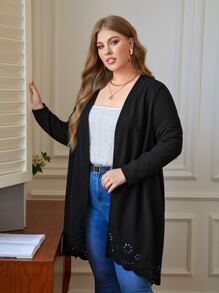 SHEIN Essnce Plus Laser Cut Out Scallop Trim Coat Winter Fall Autumn - Black - View 4