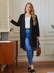 SHEIN Essnce Plus Laser Cut Out Scallop Trim Coat Winter Fall Autumn - Black - View 5