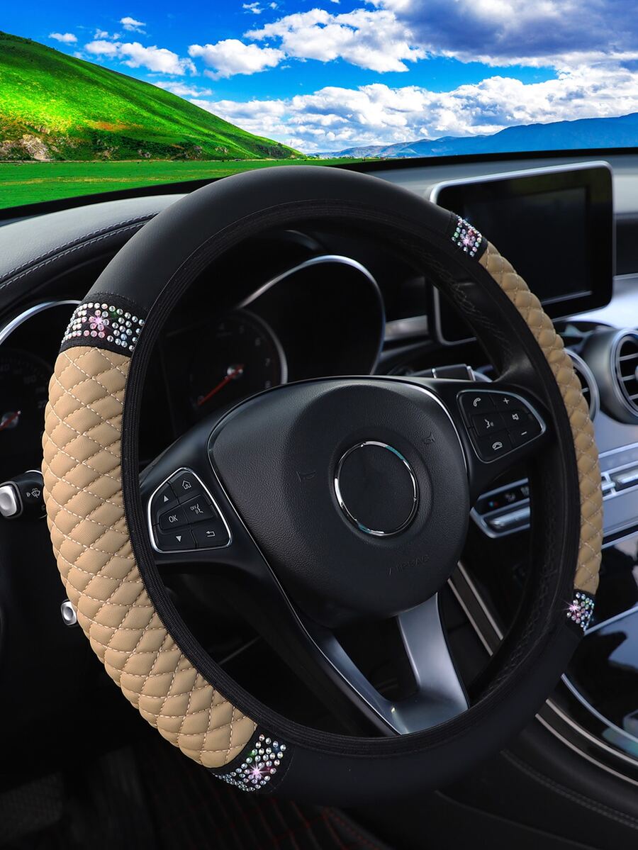 Rhinestone Decor Colorblock Car Steering Wheel Cover