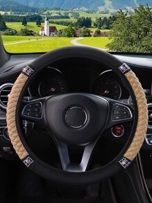 Rhinestone Decor Colorblock Car Steering Wheel Cover - Beige - View 3