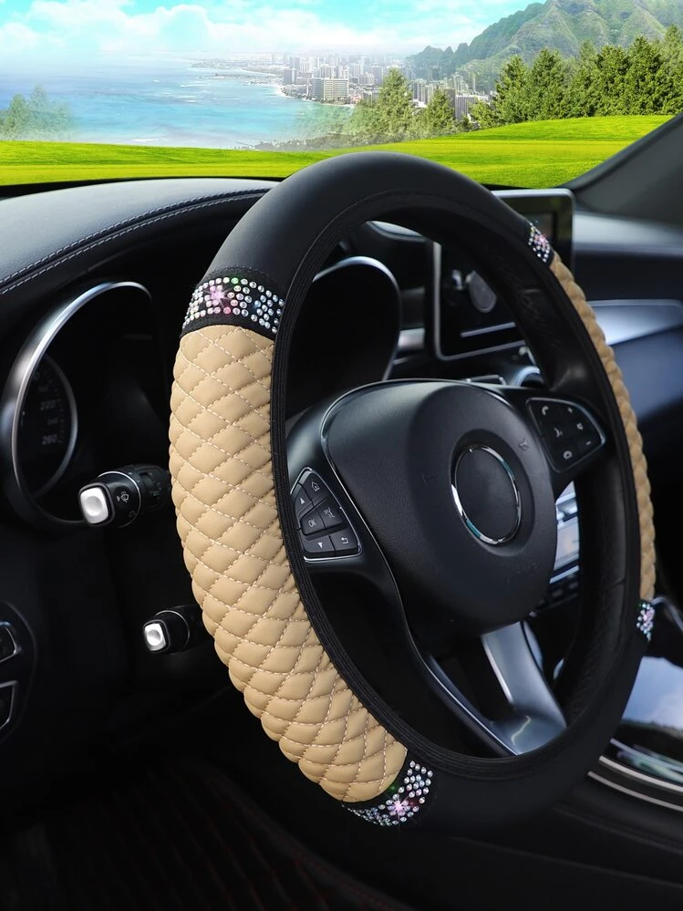 Couverture de volant de voiture à strass à blocs de couleurs - Beige - Voir 4