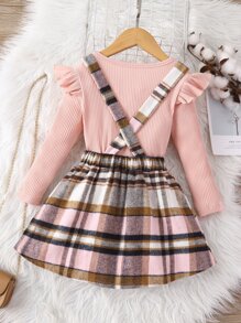 SHEIN Niñas tejido de canalé Camiseta & de cuadros con lazo delantero Falda pichi - Multicolor - Ver 2