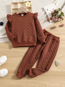 Toddler Girls Solid Ruffle Trim Sweatshirt & Joggers - Brown - View 1